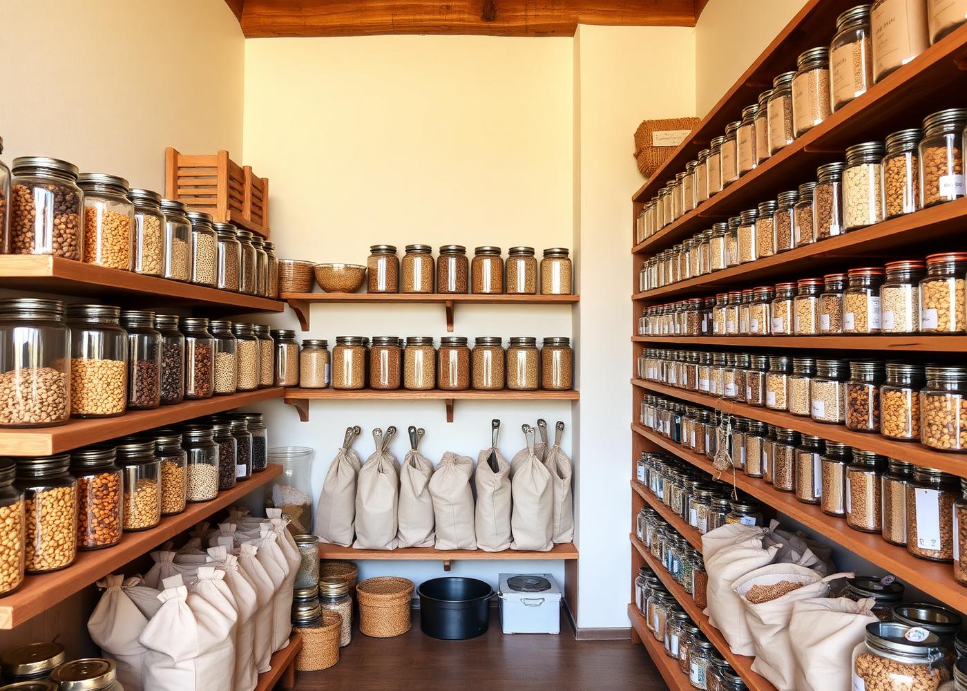 Tienda de granel con tarros de vidrio en estantes de madera